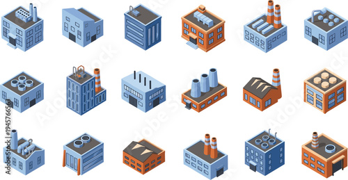Isometric industrial factory buildings collection with chimneys and warehouses, modern manufacturing plants and power facilities vector illustration set