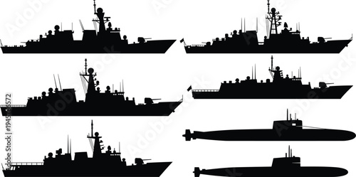 Naval warships, submarines, destroyer silhouettes, military navy vessels, maritime defense ships, naval fleet collection, sea warfare vector icons