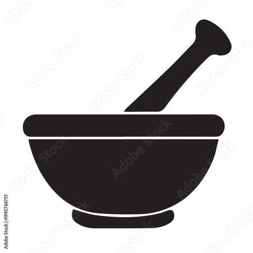 A white isolated stone mortar and pestle sits ready for cooking or pharmacy use as a professional tool to grind and crush fresh food spices, medicinal herbs, or chemistry mixtures in a kitchen