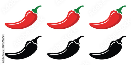 Hot chili pepper icon set in vector format, including various hot peppers and paprika, designed for food design, restaurant menus, spice packaging, cooking apps, and culinary branding graphics.