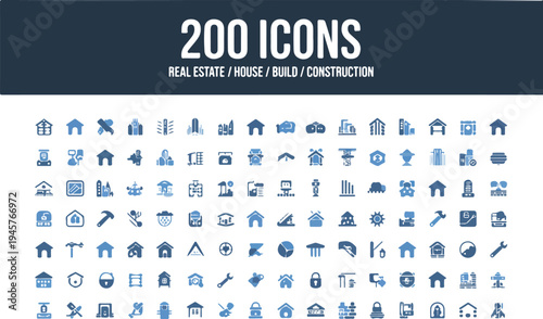 Mega set of 200 real estate house build and construction icons flat vector illustration isolated on white background