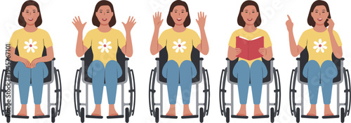 Inclusive illustration set of happy young girl in wheelchair with various poses for disability representation and accessibility concepts