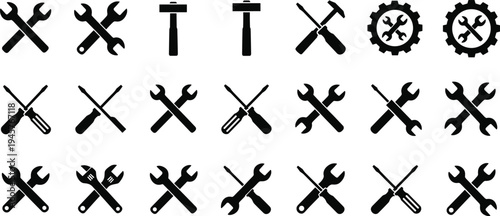 Tools icons set with wrench screwdriver hammer gear mechanic repair symbols black silhouette vector collection for construction service workshop