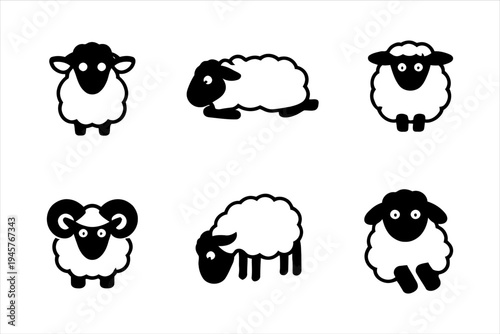 Collection of fluffy cartoon sheep icons on a white background