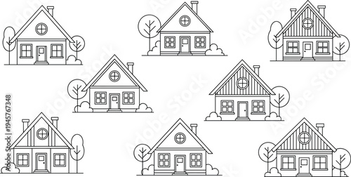 Hand Drawn House Outline Vector Set with Cozy Cottage Homes Trees and Windows Simple Line Illustration for Real Estate Architecture and Neighborhood Design