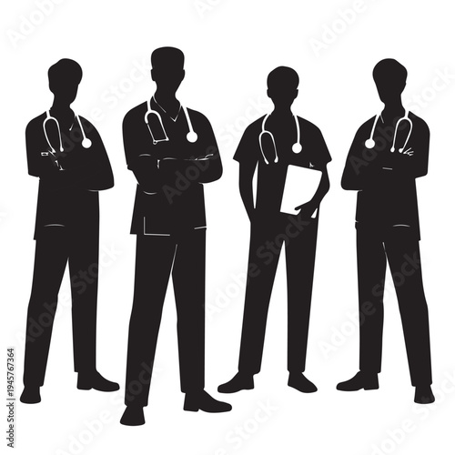 Vector illustration of a professional business team and a crowd of people silhouettes including a businessman and woman in suits standing together for a successful work meeting