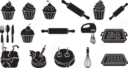 Baking icons and tools for cooking and dessert making
