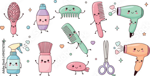 Cute kawaii hair salon tools characters vector set with comb, brush, scissors, hairdryer and cosmetic bottles illustration