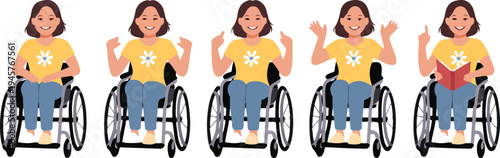 Inclusive illustration set of happy young girl in wheelchair with various poses for disability representation and accessibility concepts