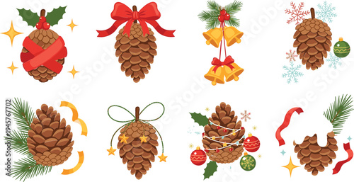 Christmas pine cone decorations vector set with festive ribbons, bells, holly leaves, ornaments, and winter holiday decorative elements