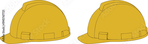 Pair of yellow construction hard hats for industrial safety and building site protection flat vector illustration isolated
