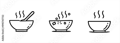 Versatile set of steaming hot food bowl line icons, perfect for culinary and meal themes