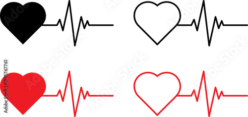 Variations of heart symbols paired with heartbeat lines in different styles