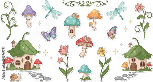 Cute fantasy forest elements vector set with mushroom houses, snails, butterflies, dragonflies, flowers and magical woodland illustration