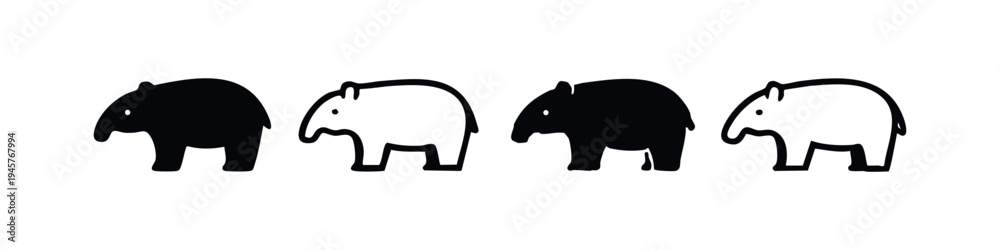 Fototapeta premium Stylized Tapir Icon Set. Black and White Mammal Silhouette and Outline Illustrations, Wild Animal Collection.
