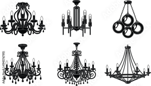 Collection of elegant chandelier silhouettes luxury ceiling lamps vintage and modern lighting fixtures decorative interior illumination vector set
