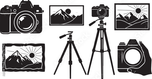 Camera and photography equipment icons in black and white