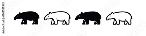 Tapir Vector Icons Set. Wild Animal Silhouette and Outline Illustrations for Nature and Tropical Wildlife.