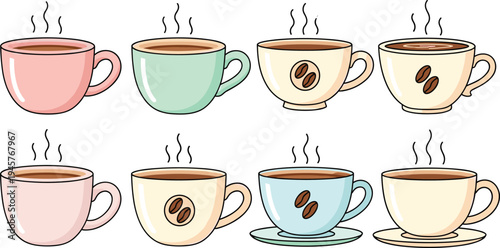 Cute Coffee Cup Vector Set with Steam and Coffee Bean Illustration Colorful Mug Collection for Cafe Menu Design Beverage Branding and Morning Drink Graphics