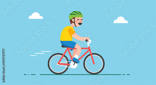 Happy Young Boy Riding Bicycle Wearing Helmet For Safety Activity