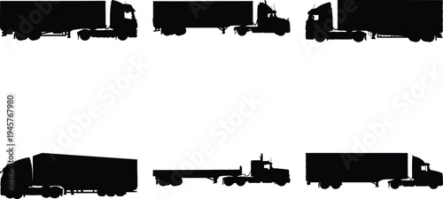 Set of six distinct black silhouette semi-trailer trucks, diverse designs and perspectives, perfect for illustrating freight and shipping services.