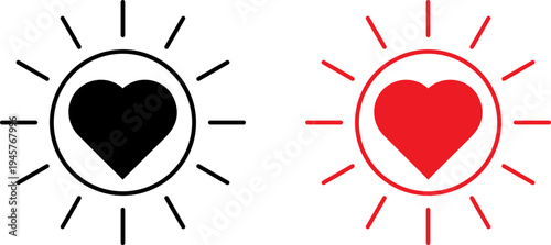 Radiant sun with contrasting heart symbols inside contrasting circles