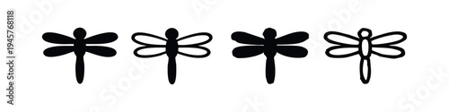 Dragonfly icon set. Black silhouette and outline style of an insect. Nature, summer and entomology vector illustration.