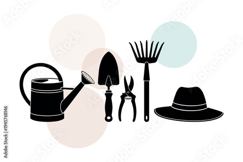 Silhouette set of essential garden tools with large watering can planting trowel metal rake and sun protection hat for seasonal backyard tasks vector illustration design