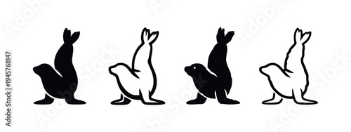 Stylized Seal or Sea Lion Standing Icon Set, Black and White Vector