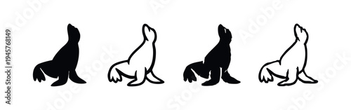 Cute Seal or Sea Lion Looking Up Icon Set in Monochrome