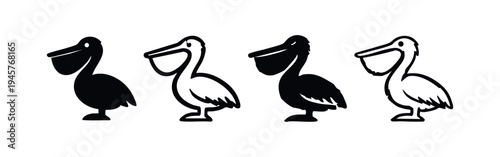 Rounded Pelican Bird Icon Set with Open Beak for Design Elements