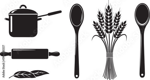 Cooking utensils and wheat bundle in black and white