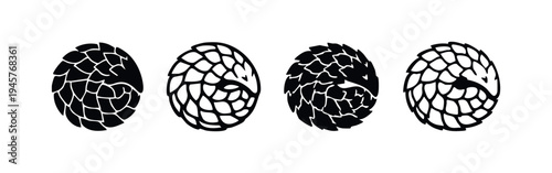 Pangolin Curled Up Icon Set: Minimalist Black and White Vector Illustrations
