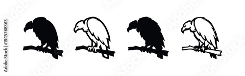 Perched Vulture Icons: Minimalist Black and White Vector Bird Silhouettes and Outlines