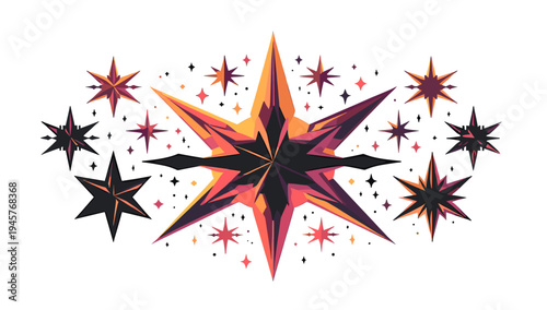 A stylized illustration of stars and sparkles in black, red, and orange hues on a white background, evoking a sense of dynamic energy and creativity.