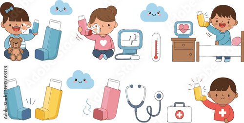 Children asthma care vector set with kids using inhalers, medical equipment, breathing treatment, and pediatric respiratory health illustrations