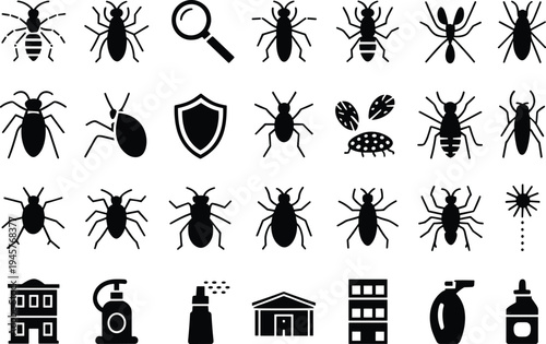 Pest control insects icons set with bugs magnifier shield spray house sanitation protection vector illustration collection