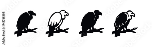 Vulture Perched on Branch Icons: Minimalist Black and White Vector Bird Collection
