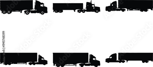 Compilation of six different black silhouette semi-trailer trucks and tractor-trailers shown in profile on a bright white background.