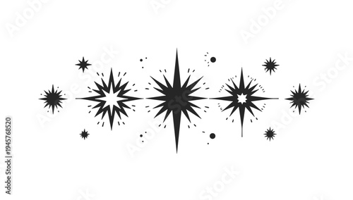 A set of black explosion effects on a white background, conveying energy and action.