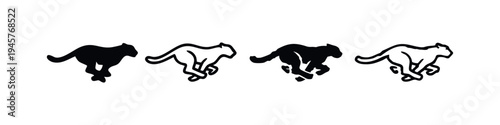 Running Cheetah Animal Icon Set in Black and White Silhouette and Outline Style