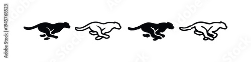 Running Puma or Big Cat Animal Icon Set in Black and White Silhouette and Outline Style