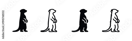 Standing Meerkat Animal Icon Set in Black and White Silhouette and Outline Style