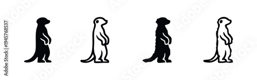 Standing Meerkat Animal Icon Set in Black and White Silhouette and Outline Style