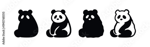 Sitting Panda Bear Animal Icon Set in Black and White Silhouette and Outline Style