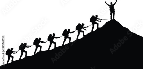 Team of climbers helping each other reach mountain summit symbolizing teamwork leadership support motivation success collaboration adventure achievement progress