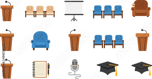 Conference and graduation icon set with podiums, microphones, theater seating, armchairs, projection screens, mortarboards, and notebooks for academic event design.