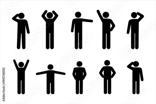 Set of ten black stick figures illustrating various human poses and actions