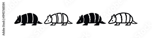 Stylized armadillo icon set. Black silhouette and outline of an armored armadillo on a white background. Vector illustration.