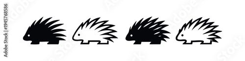 Stylized porcupine icon set. Black silhouette and outline of a prickly porcupine on a white background. Vector illustration.